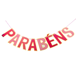 FAIXA PARABENS ROSA BORDA DOURADA