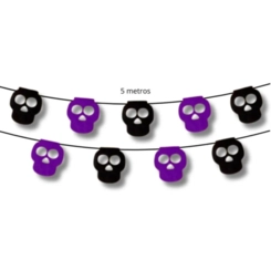 BANDEIRINHA5M CAVEIRA PRETA E ROXA HALLOWEEN